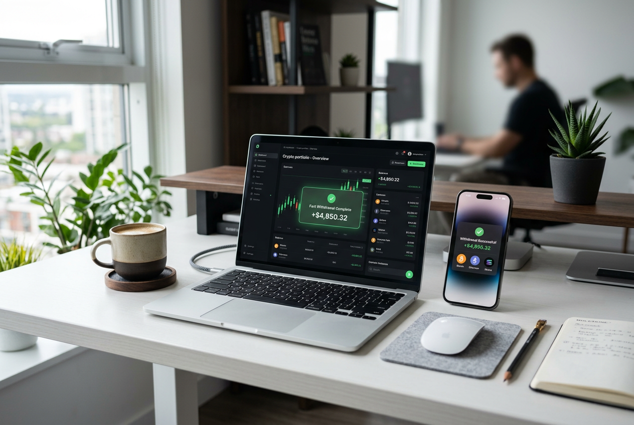 A high-end laptop and smartphone on a desk showing a fast financial transaction success screen.